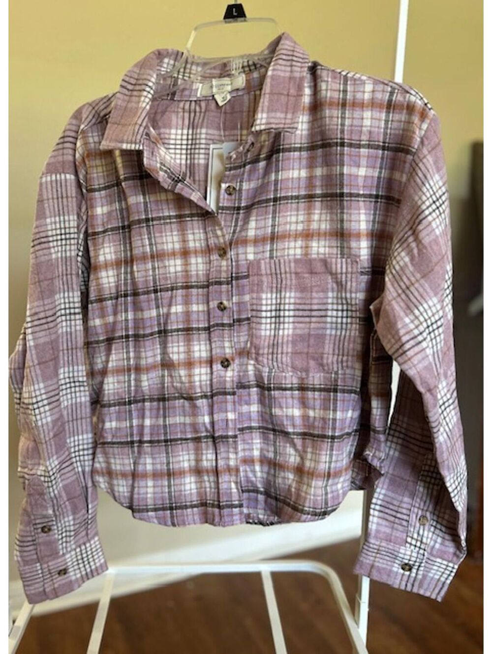 No Comment NY-LA Long Sleeve Plaid Shirt in Purple and Brown, Size M NWT